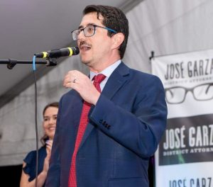 Jose Garza speaks during 2024 primary celebration with wife Kate