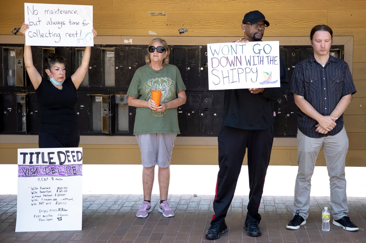 Residents and tenant activists protest the living conditions and management at Vista Del Rey Apartments